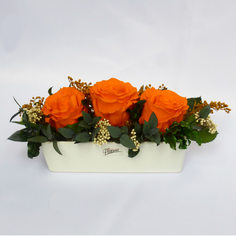 Dekorácia zo stabilizovaných kvetov - 3 ruže oranžové