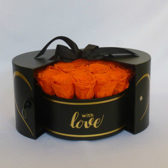 Stabilizované ruže oranžové v exkluzívnom čiernom uzatváracom okrúhlom boxe